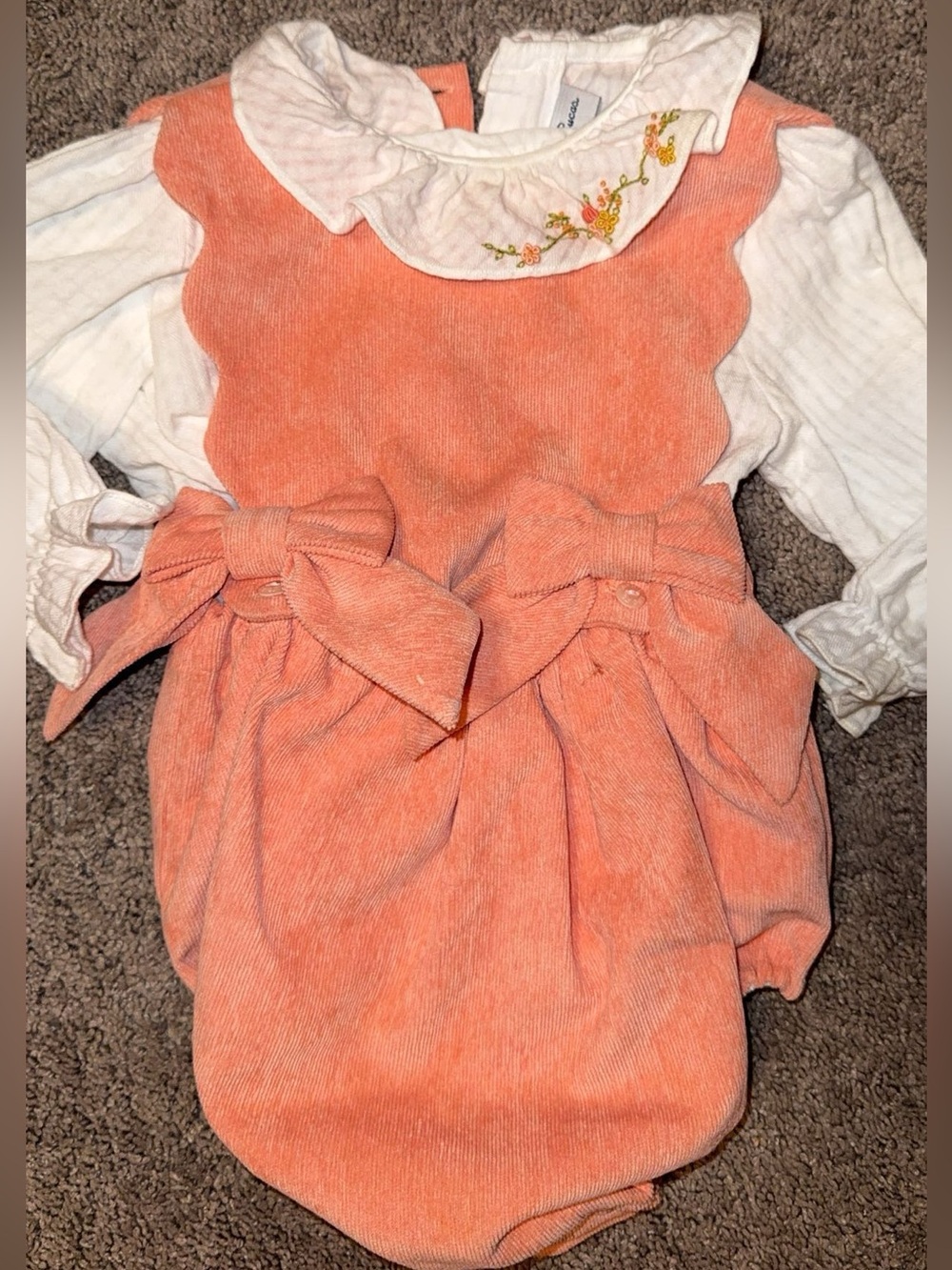 Peach Corduroy Baby Romper with Bow Detail